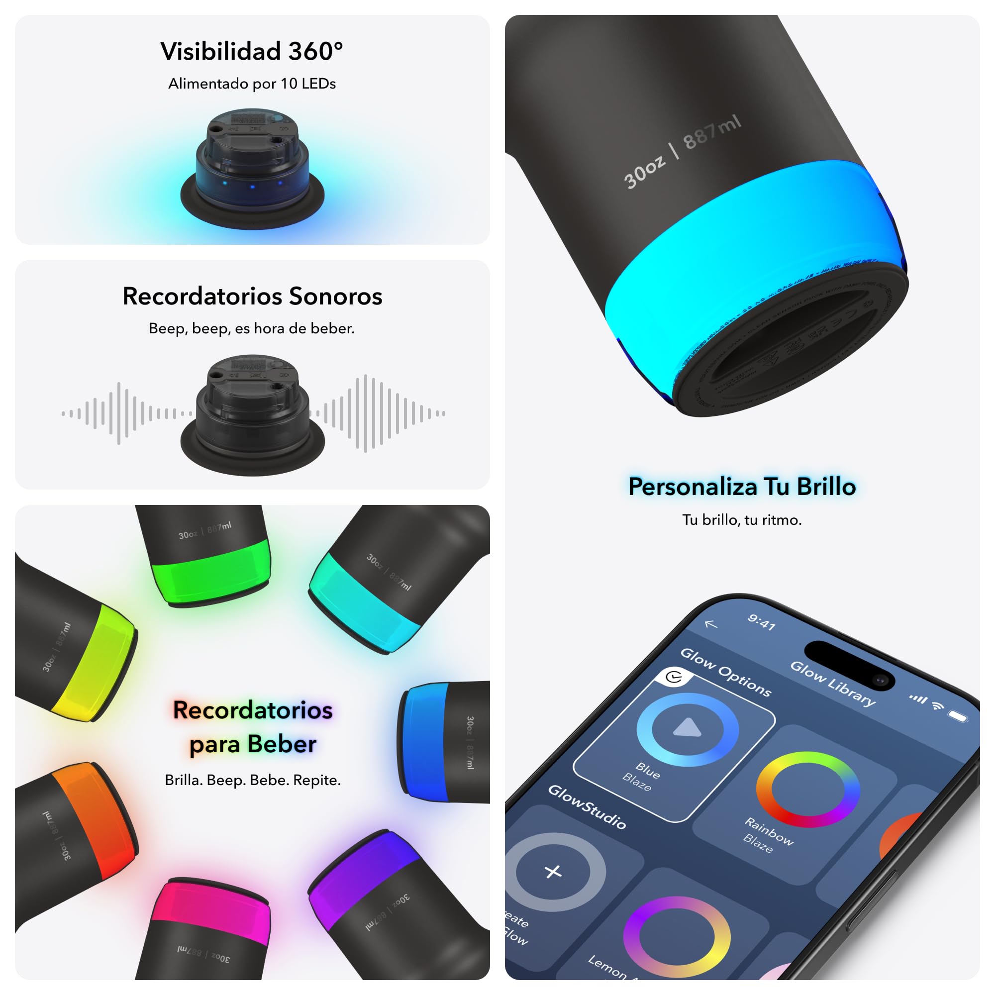 Hidrate Spark PRO 2 – Vaso de Hidratación Inteligente con Recordatorios & Seguimiento, 887ml Acero Inox – Sincroniza con Apple Health, Fitbit, Anillos & Relojes – Blanco
