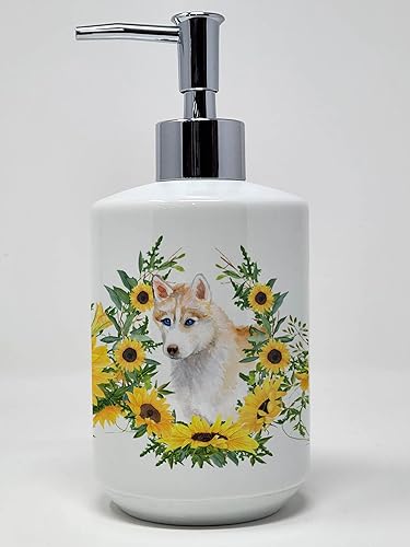 Caroline's Treasures CK2847SOAP Husky siberiano en girasoles Dispensador de jabón de cerámica dispensador de jabón de manos botellas para baño