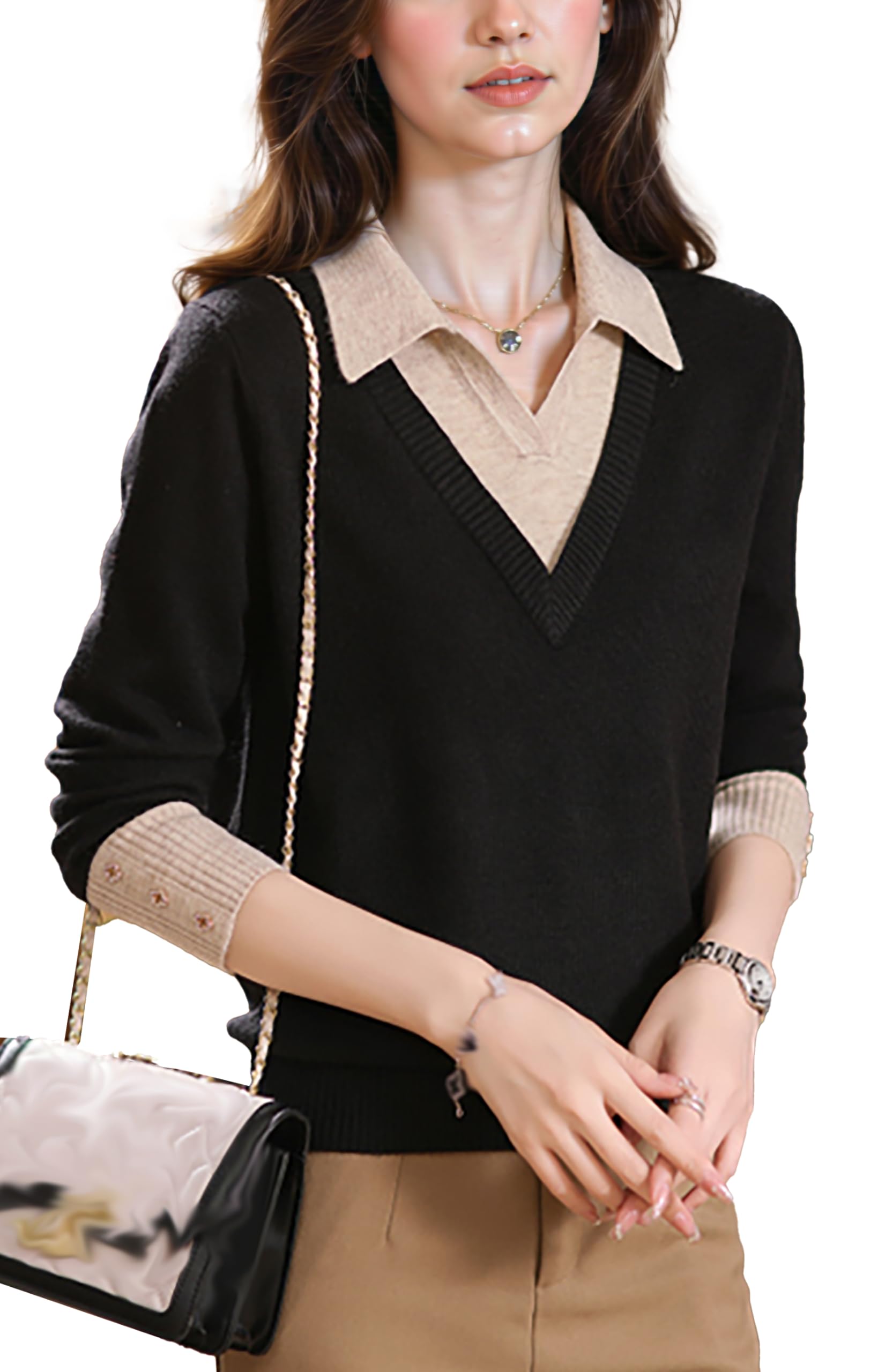 LAI MENG FIVE CATS Womens Polo Contrast Collar Sweater Casual Ribbed Knit Shirt V-Neck Tunic Pullover Top
