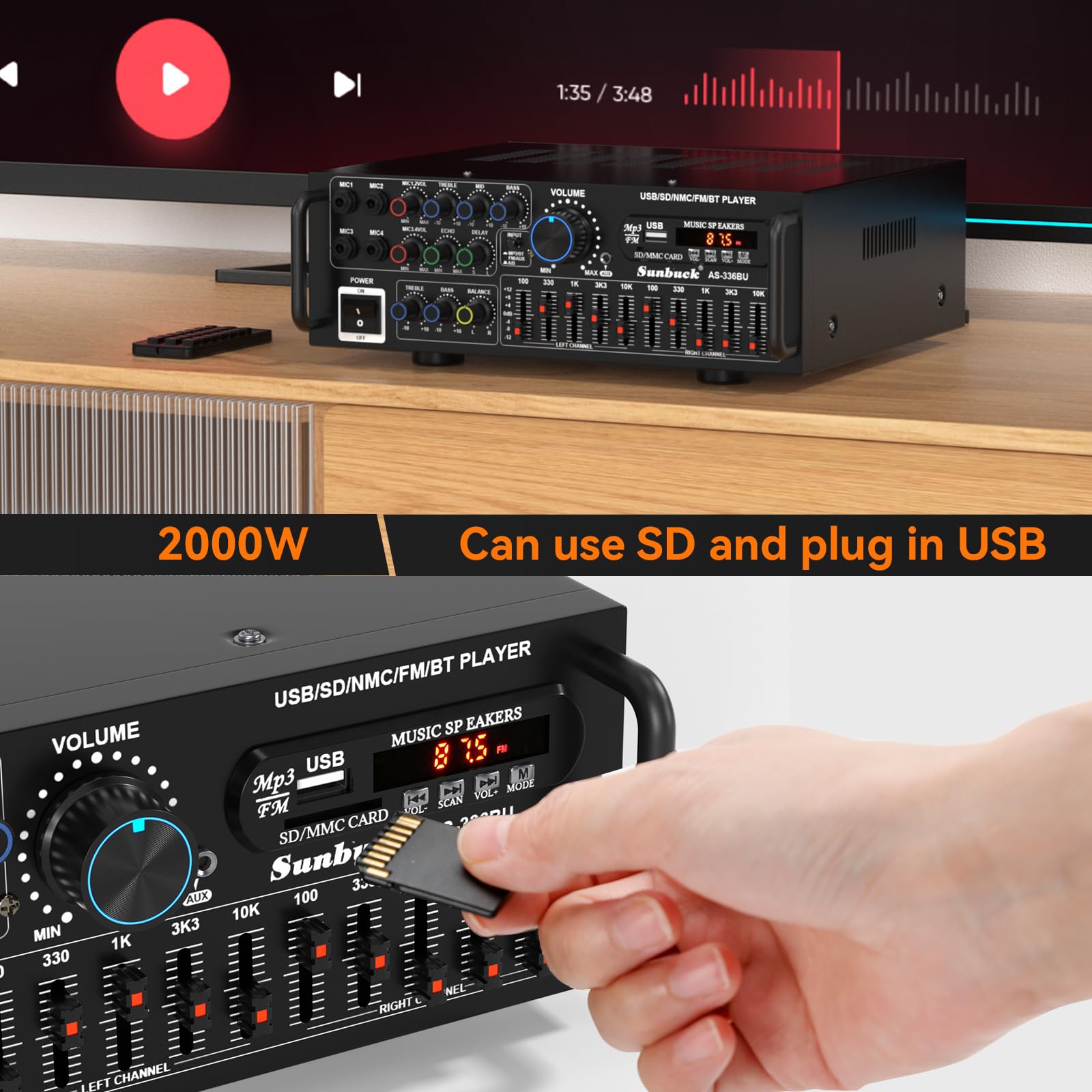 Amplificador Hifi estéreo con Bluetooth 5.0, 2000 W, receptor de audio, karaoke FM USB SD AUX, preamplificador Hifi 5 bandas, mezclador ecualizador de 5 bandas, 4 entradas de micrófono,