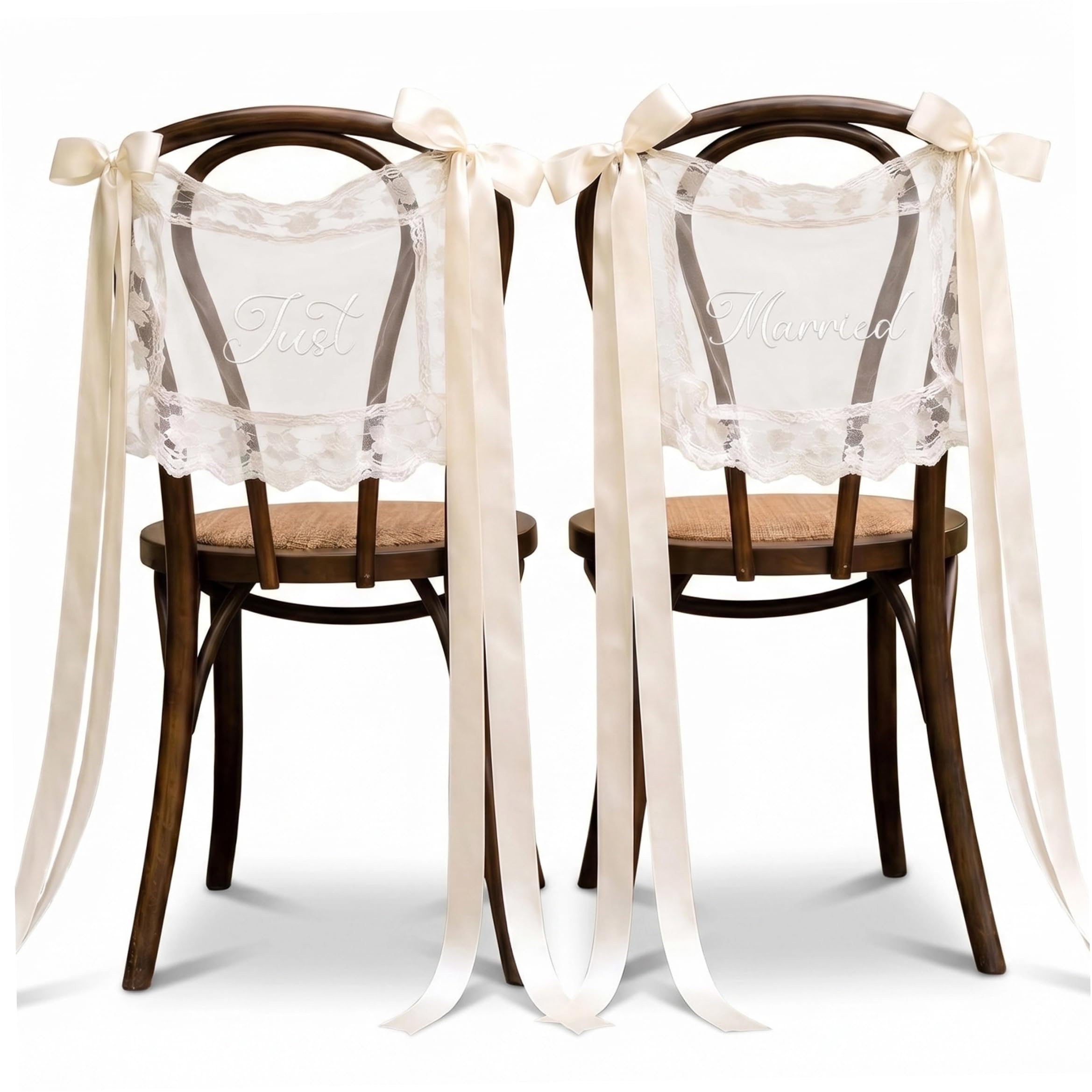 Xdyyjrasa Wedding Chair Decorations - Set of 2 Lace Sheer Back Signs with Just & Married Text, Bride & Groom Pew Decor