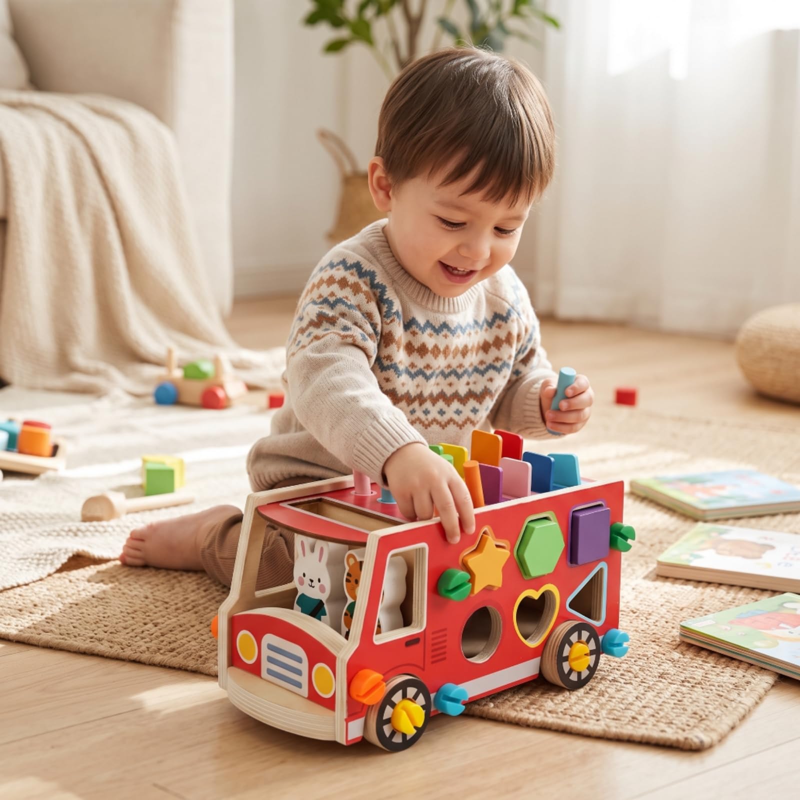 Baoblaze Juguete Educativo Infantil Bus de Madera Clasico Clasificador de Formas Bloques Geometricos Juego de Encastre Set Completo con Cuerpo de Bus y Piezas