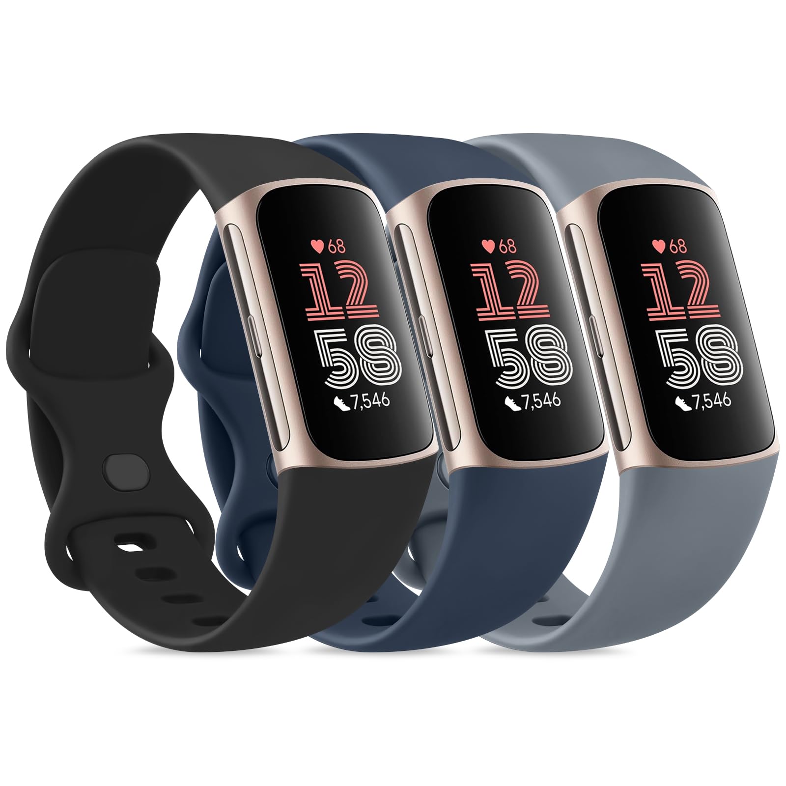 3 Pack Bands for Fitbit Charge 6 / Charge 5 Bands Women Men, Soft Silicone Waterproof Adjustable Wristband Replacement Sport Straps for Fitbit Charge