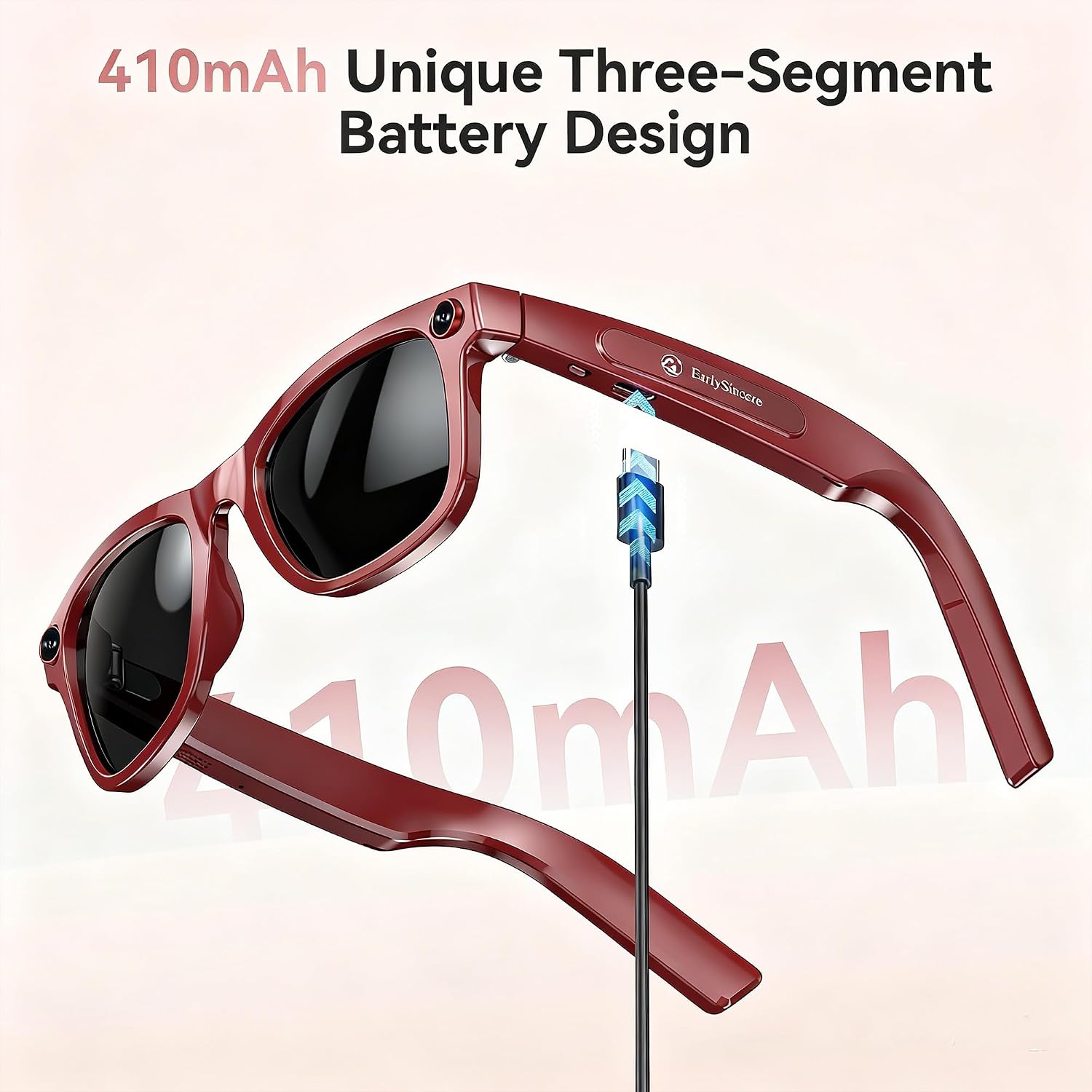 EarlySincere 2026 Ai Smart Glasses for Men Women, 8mp 4k Hd Camera Glasses, 410mah Battery, Supports Photo/Video/Audio Recording, Ai Voice Control, Ai Glasses with Bluetooth Calling(Porto red)