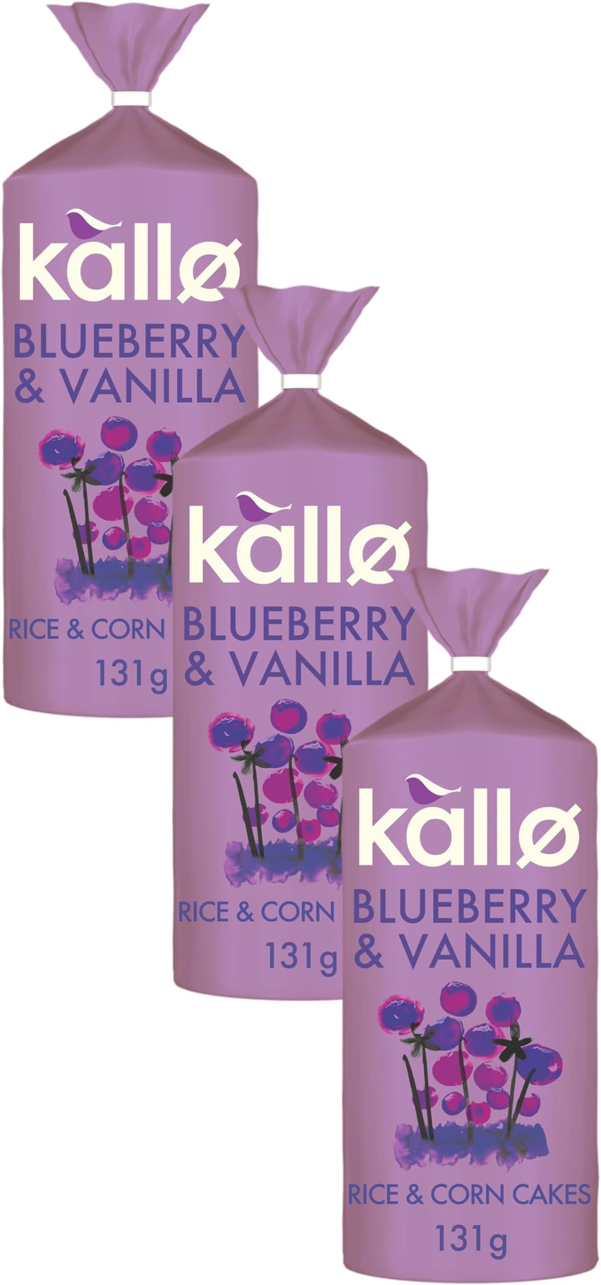 Kallo Blueberry & Vanilla Corn & Rice Cakes, Wholegrain Low Fat Healthy Snacks for Adults & Children, Vegan Friendly, Gluten Free, No Artificial Flavours or Preservatives, Single Pack – 1 x 131g