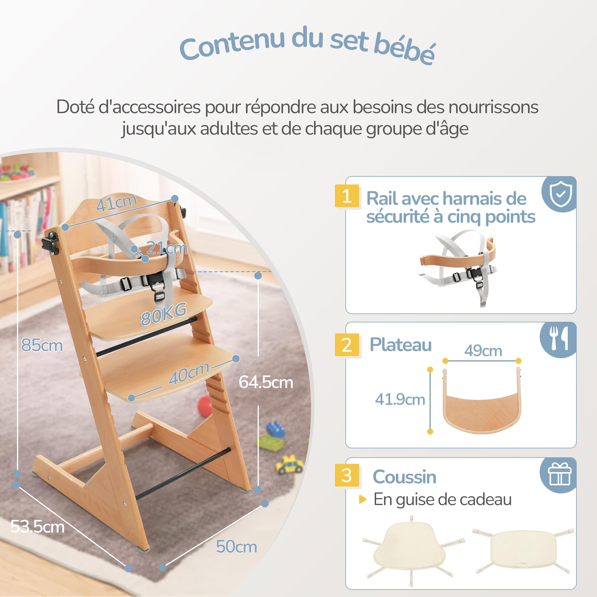 LUE BONA Chaise Haute Bébé Évolutive, Chaise Haute en Bois 3 en 1 pour Jeunes, Chaise pour Enfants avec Coussin, Harnais & Plateau Amovible, Convient aux Bébés et aux Jeunes Enfants, Naturelle