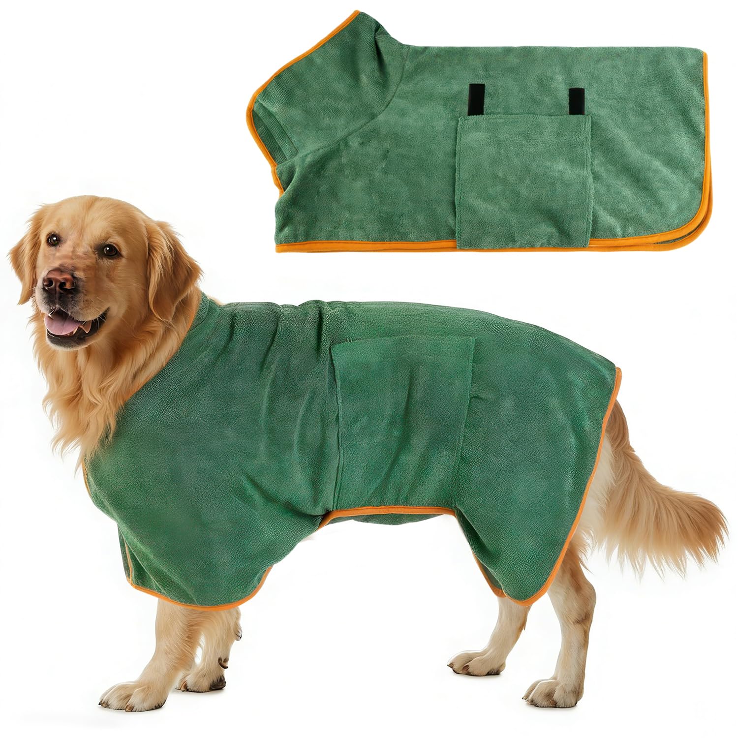 HIVTE Dog Drying Robe & Dry Towel - Microfiber Fast Drying & Absorbent Pet Bathrobe with Adjustable Collar and Waist (Dark Green-M)