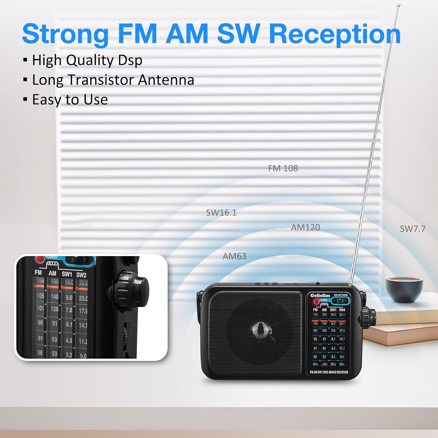 Gelielim Radios Portable AM FM, Plug in Wall or Battery Powered, Gelielim Retro Radio Bluetooth Speaker, Rechargeable Battery Operated