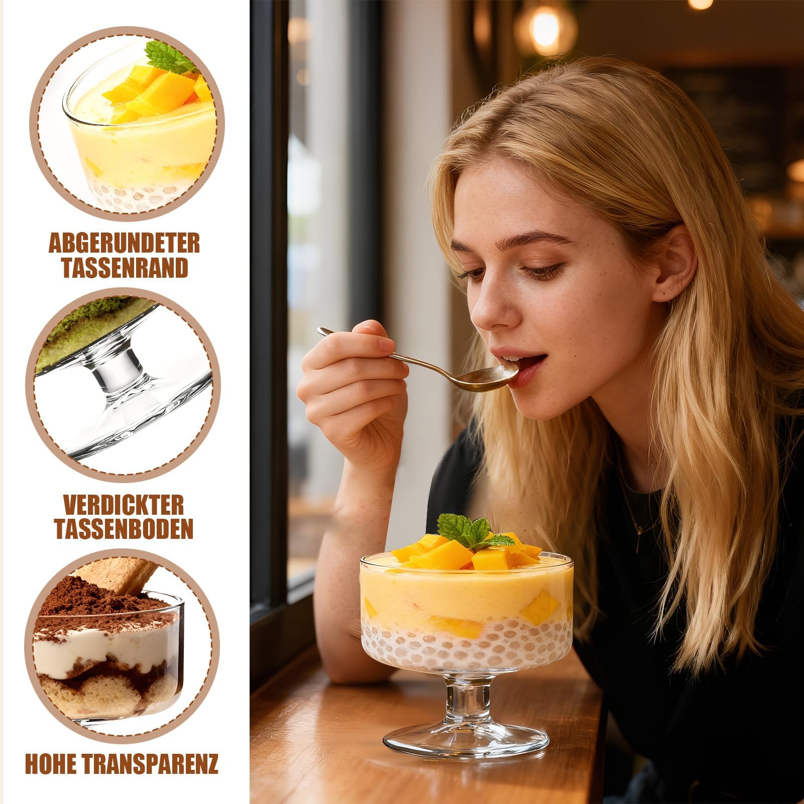 6 Stück 180ml Glas Eis Sundae Tassen, klare Dessertschalen für Pudding, Garnelen Cocktail, Vorspeisen & Milchshakes