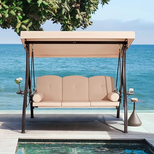 Miniatura 8 de HOMREST Columpio para porche al aire libre para 3 personas con portavasos mejorado de 1.5 pulgadas, toldo ajustable, respaldo, cama columpio de