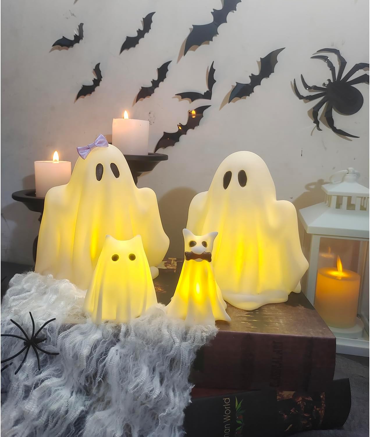 Halloween Decorations Indoor,Ghost Decor, Light Up Ghosts Kit Set of 4,Friendly Pets,Gothic Home Decor(2ghost 2dog)