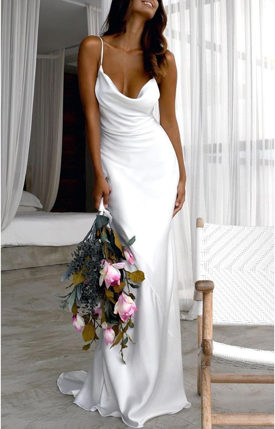 Satin Wedding Dress for Bride Long Mermaid Beach Wedding Guest Dresses for Women Backless Bridal Gown