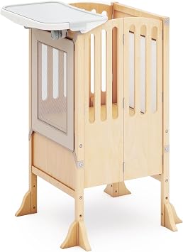 Guidecraft Kitchen Helper Toddler Tower and Mealtime and Play Tray Bundle Contemporary Natural Folding, Adjustable Step Stool with Keepers, Non-Slip Mat and Easy to Clean, Detachable Tray Table