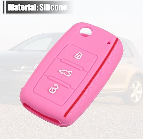 Miniatura 4 de X AUTOHAUX Funda protectora de silicona rosa para llave de coche sin llave para Volkswagen CC Eos GTI Golf Jetta 3 botones