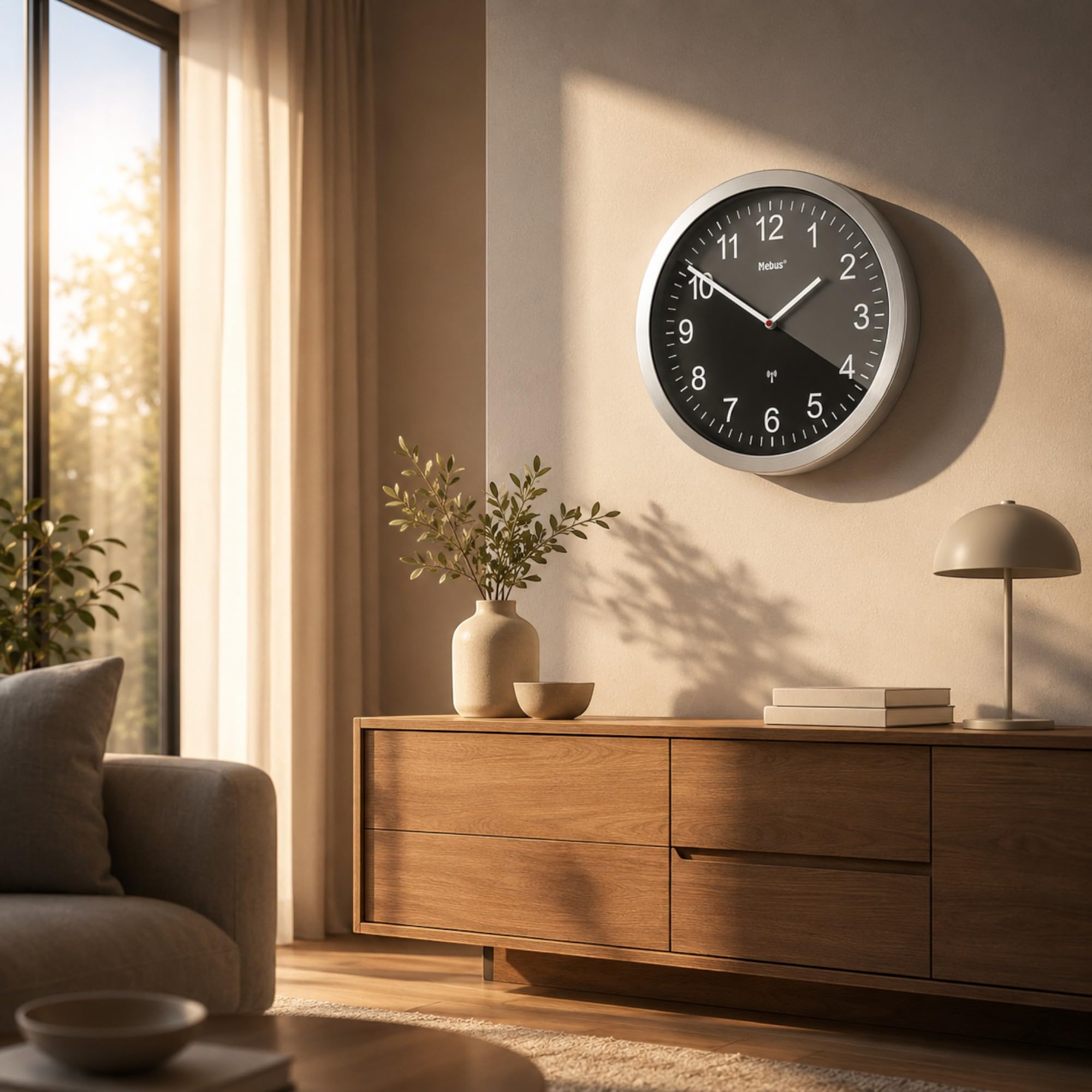 Mebus XXL Funkuhr Extra Große Wanduhr Lautlos Uhrwerk Kein Sekundenzeiger Ziffernblatt 45cm Durchmesser Modell 14120 Schwarz Silber 45 Zentimeter Durchmesser