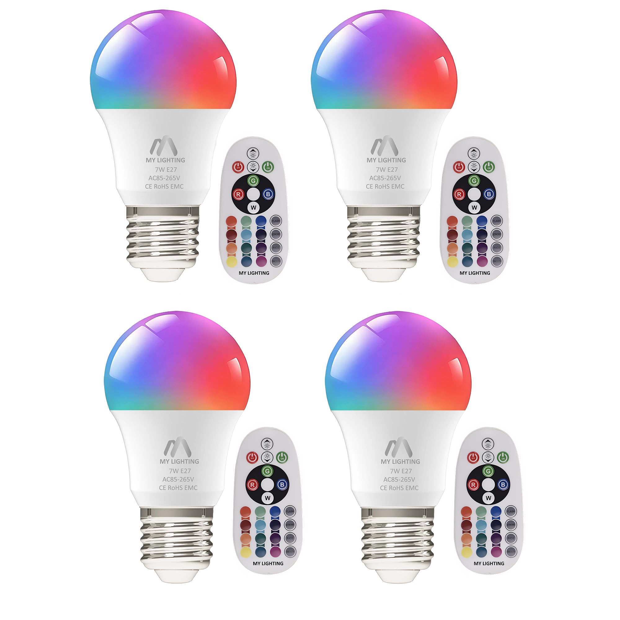My Lighting 7W E27 LED Bulbs | RGB + Warm White 3000K, 16 Million Colors, Dimmable | 806 Lumens, Remote Control | Long-Lasting Edison Screw LED Lights for Home Décor & Mood Lighting (Pack of 4)