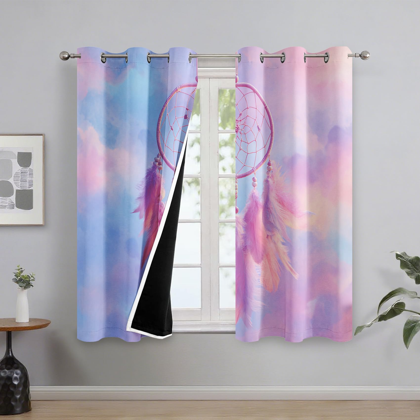 Generisch Blickdichte Vorhänge Traumfänger, Wohnzimmer Schlafzimmer Deko, Traumfänger Rosa Gardinen mit Ösen, Thermo Verdunklungsvorhänge 2er Set H175 x B140 cm pw&28