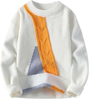 Ruamilyy Jersey para hombre, bloque de color, punto grueso con cuello redondo, jersey de forro polar grueso para invierno, parte superior informal para hombres, bloque de color, suelto, grueso,