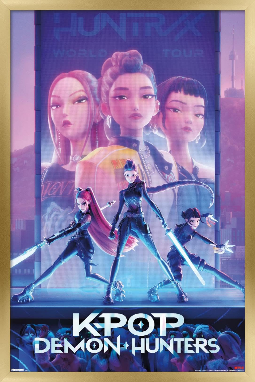 Netflix KPop Demon Hunters (2025) - One Sheet Wall Poster, 34L" x 22.4W", Gold Framed Version