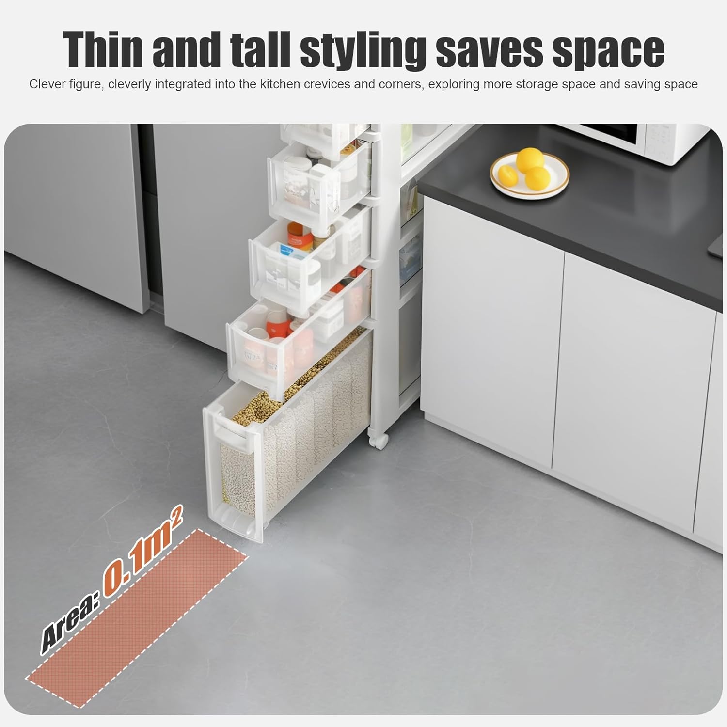 Slim Rolling Storage Cart and Organizer, 7.1 inches Kitchen Storage Cabinet Beside Fridge Small Plastic Rolling Shelf with Drawers for Bathroom