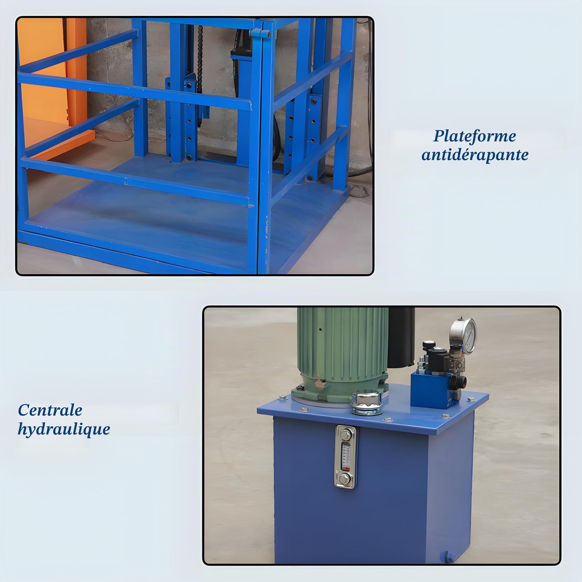 Ascenseur hydraulique électrique de 1 tonne pour entrepôt et usine – Plate-forme élévatrice verticale en acier robuste avec protection contre les surcharges et fonction de descente d'urgence (4 m)
