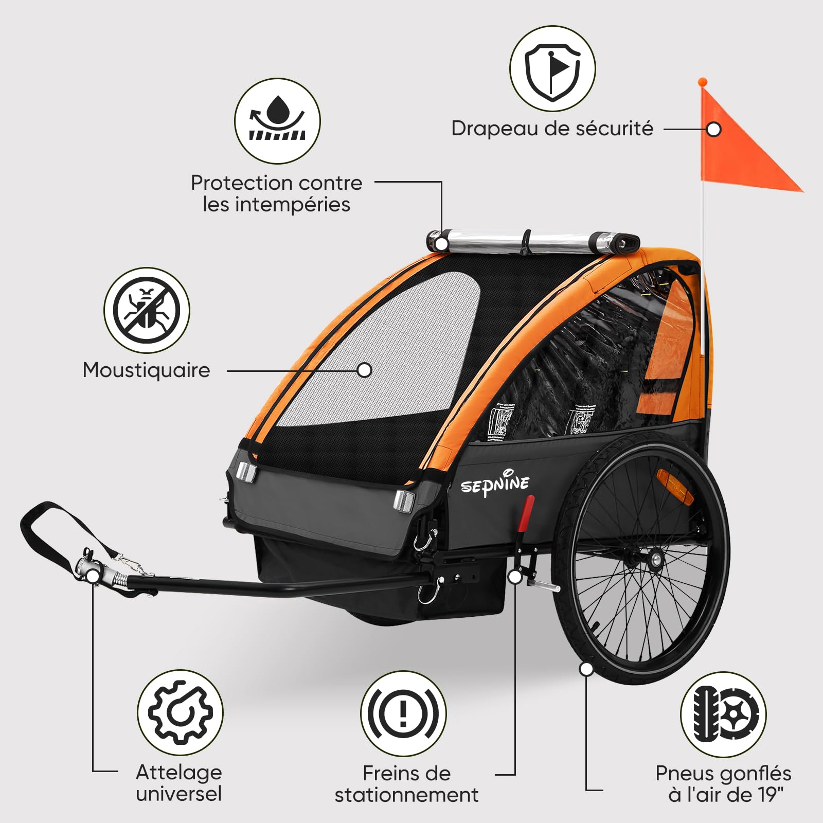 SEPNINE Remorque vélo Enfant, Remorque Enfant,Biplace Enfants Tout-Terrain Pliable avec Frein à Main Orange