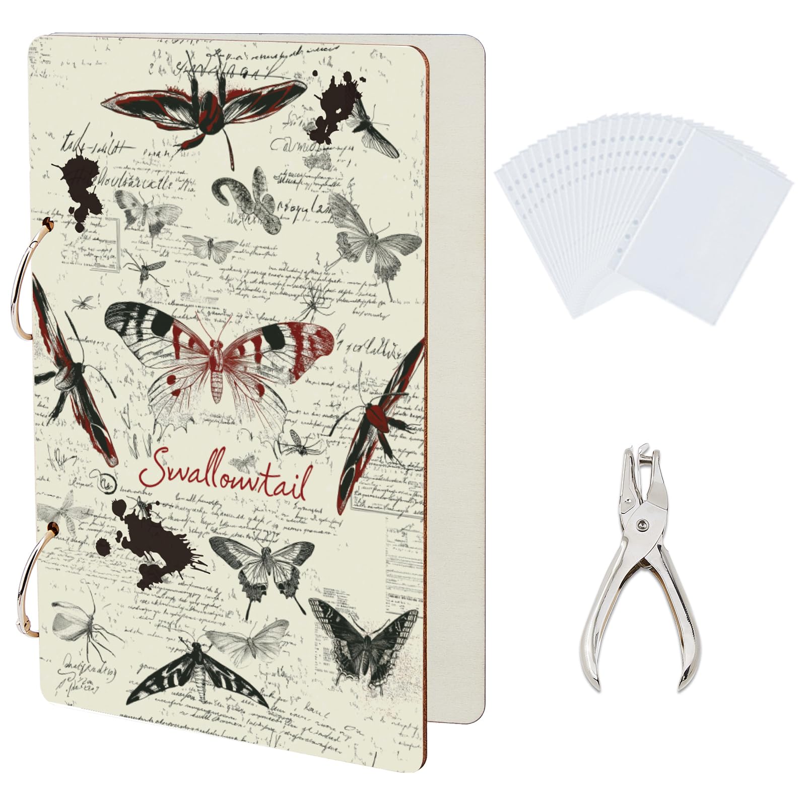 SUPERDANT Swallowtail Greeting Card Organizer Vintage Insects Greeting Card Binder Wooden Cards Keeper Binder 2-Rings Travel Post Cards Album for Insect Specimen Storage with Punch and 20 Pockets