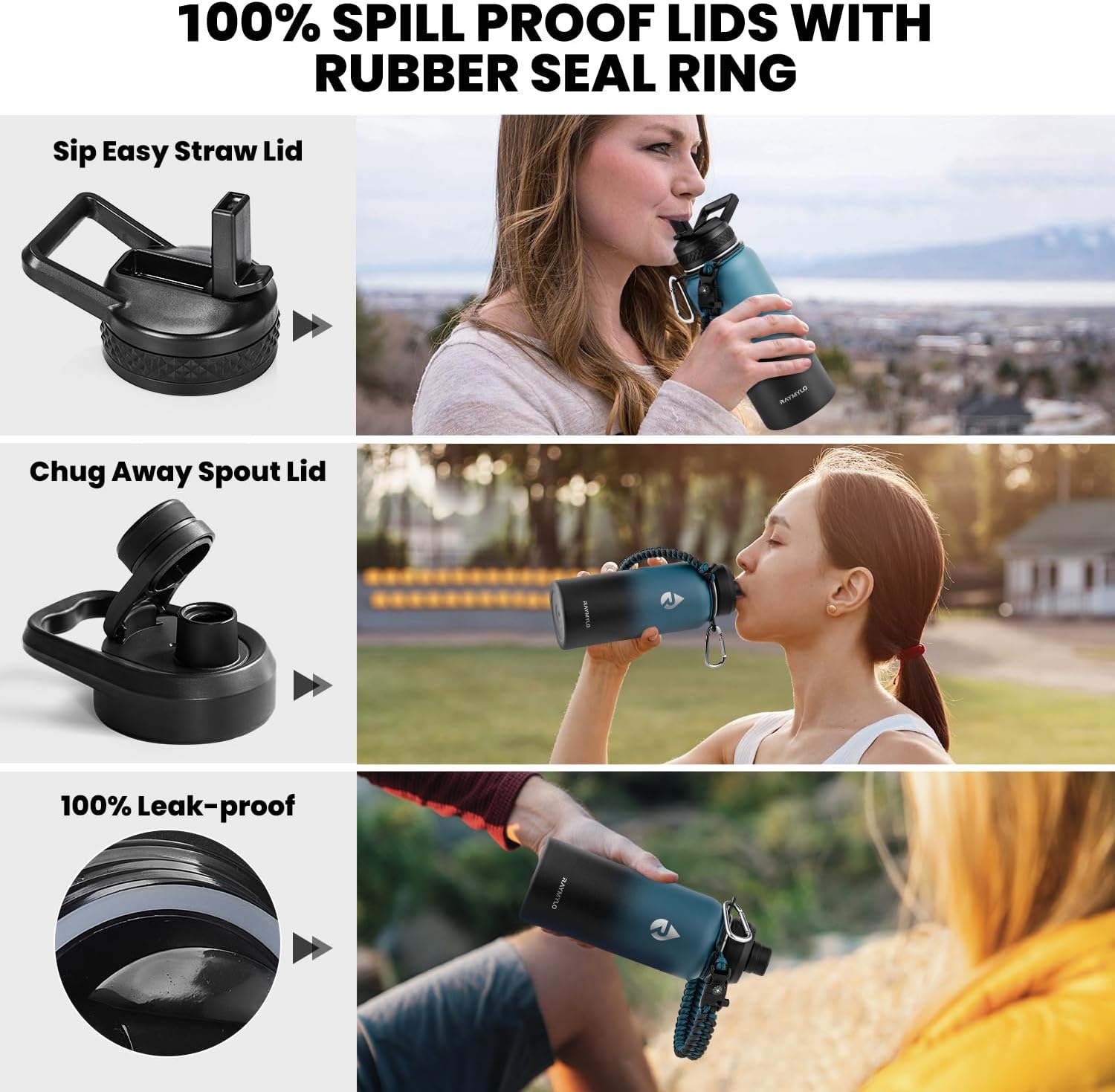 Insulated Water Bottle 32 oz, Triple Wall Vacuum Stainless Steel (Cold for 48 Hrs, Hot for 24Hrs), Leak Proof & Non-BPA, 32oz Hydro Water Flask with Paracord Handle & Straw Spout Lids - Image 3