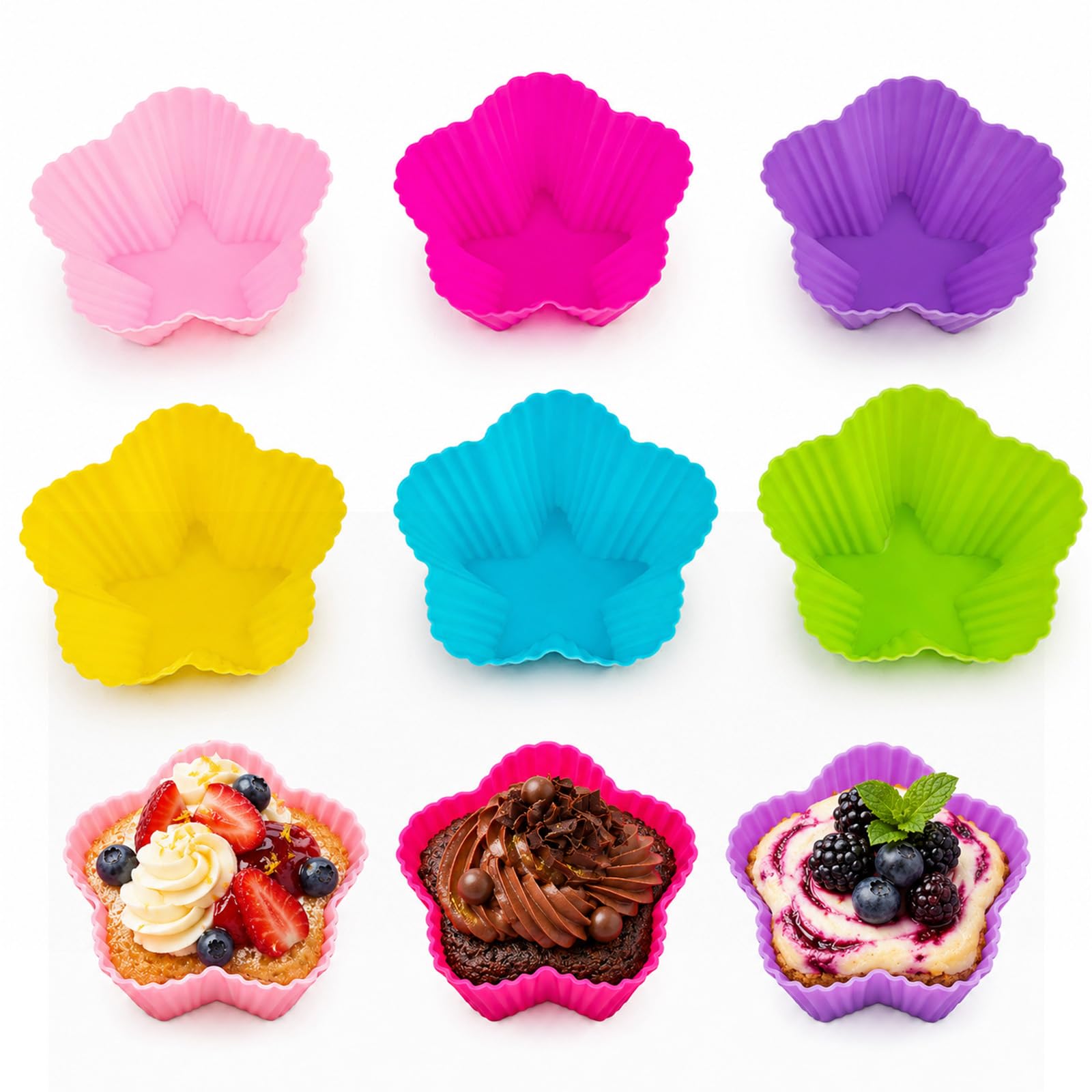 Cupcake Cases, Star Shaped Silicone Baking Cups Pack of 6 - Non-Stick, Reusable, Heat-Resistant Baking Cases for Cupcake, Muffin and Desserts, Multicolor
