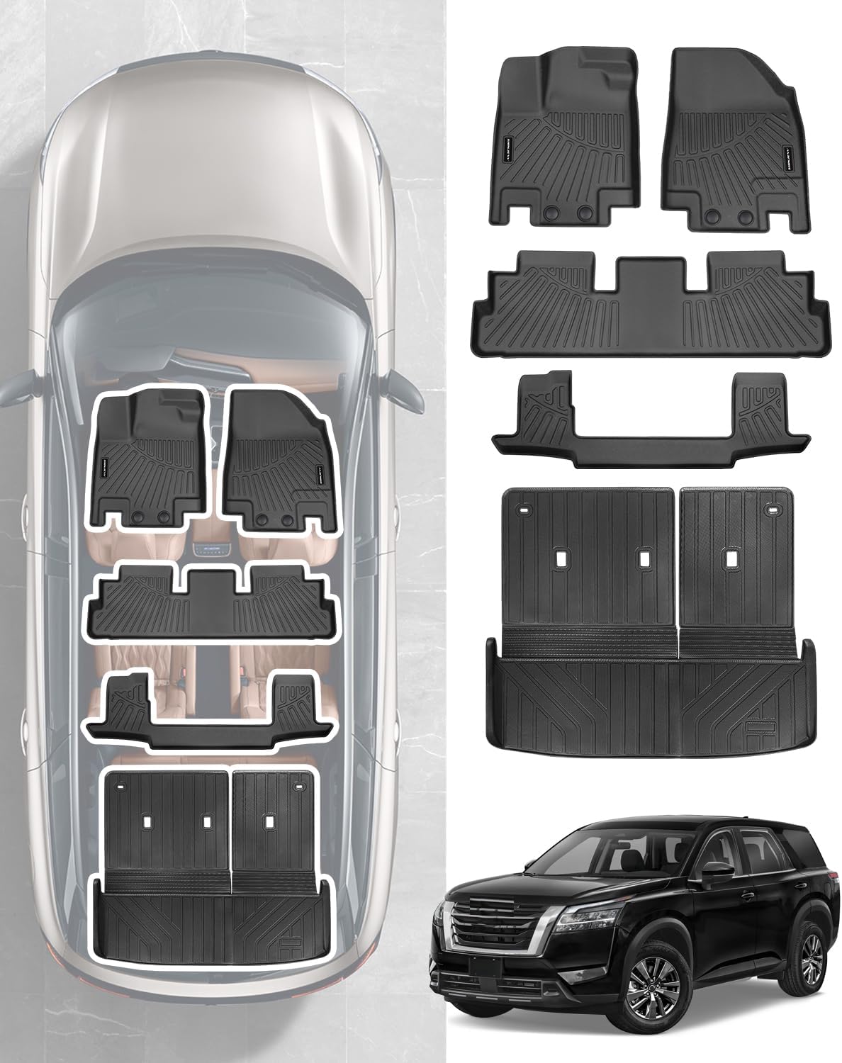 Floor Mat & Trunk Mat Compatible with 2022-2024 2025 Nissan Pathfinder (7 Passenger Models),All Weather TPE Car Floor Liners Carpet Custom Fit for Nissan Pathfinder Accessories