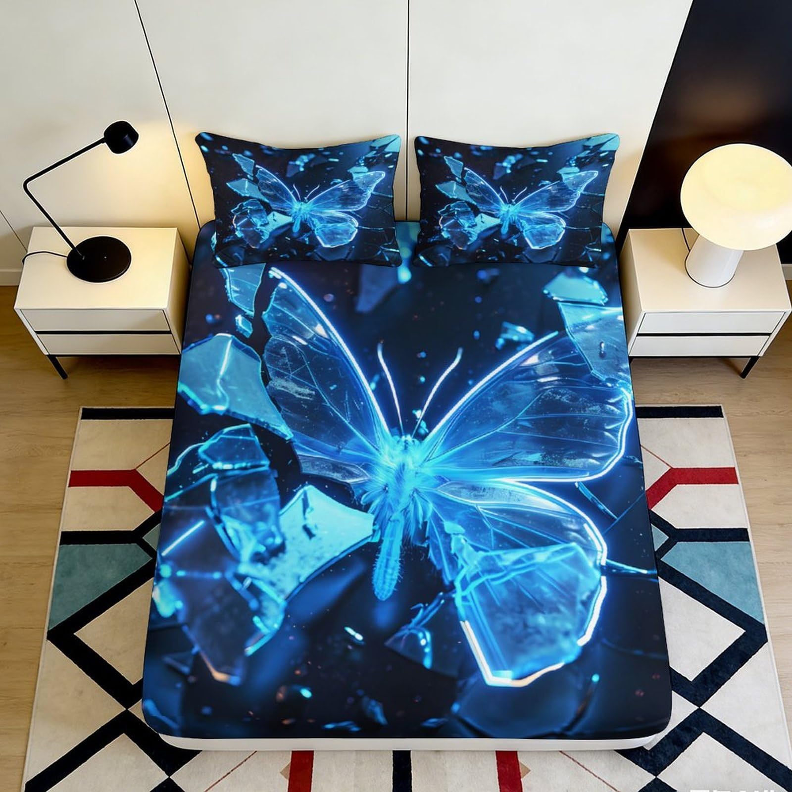 3D Printed Luminous Butterfly Fitted Sheet Microfiber Deep Pocket Bedroom Bedding Luminous Butterfly Mattress Fitted Cover Non-Slip Washable 200x200x25cm
