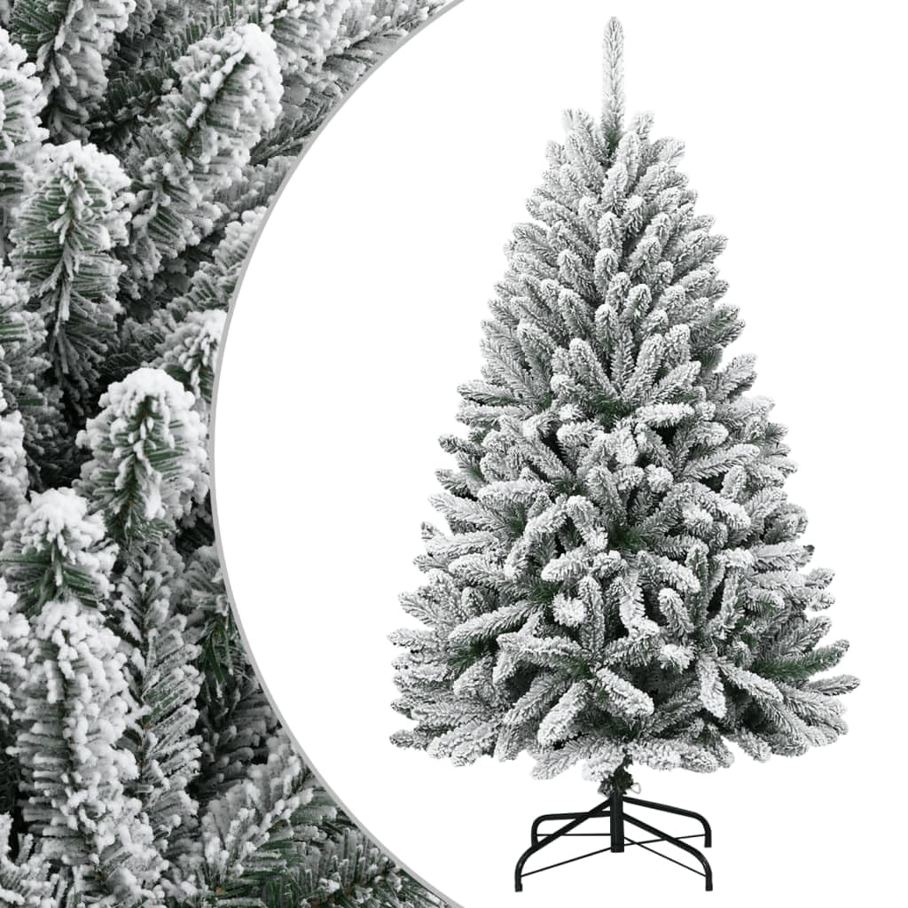 Árbol de Navidad artificial plegable nevado 150 cm, puntas de PVC realistas, soporte de metal estable, árbol de Navidad flocado para interiores y exteriores, color verde y blanco