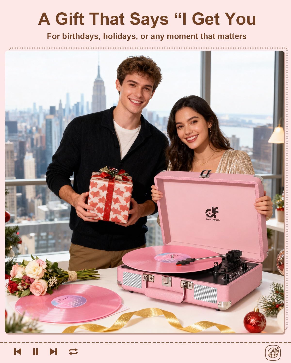 Vinyl Record Player 3-Speed Portable Suitcase Turntable with Built-in Speakers, Bluetooth Playbaack, Vinyl to MP3 Conveter, USB Recording, RCA, AUX & Headphone Output Pink