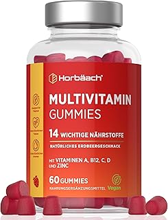 Multivitamin Gummies | 14 Vitamine und Mineralstoffen mit Jod, Vitamin C, A, D, E, Biotin, Zink & mehr | 60 Gummibärchen für Erwachsene | Natürliche mit Erdbeergeschmack | Horbaach