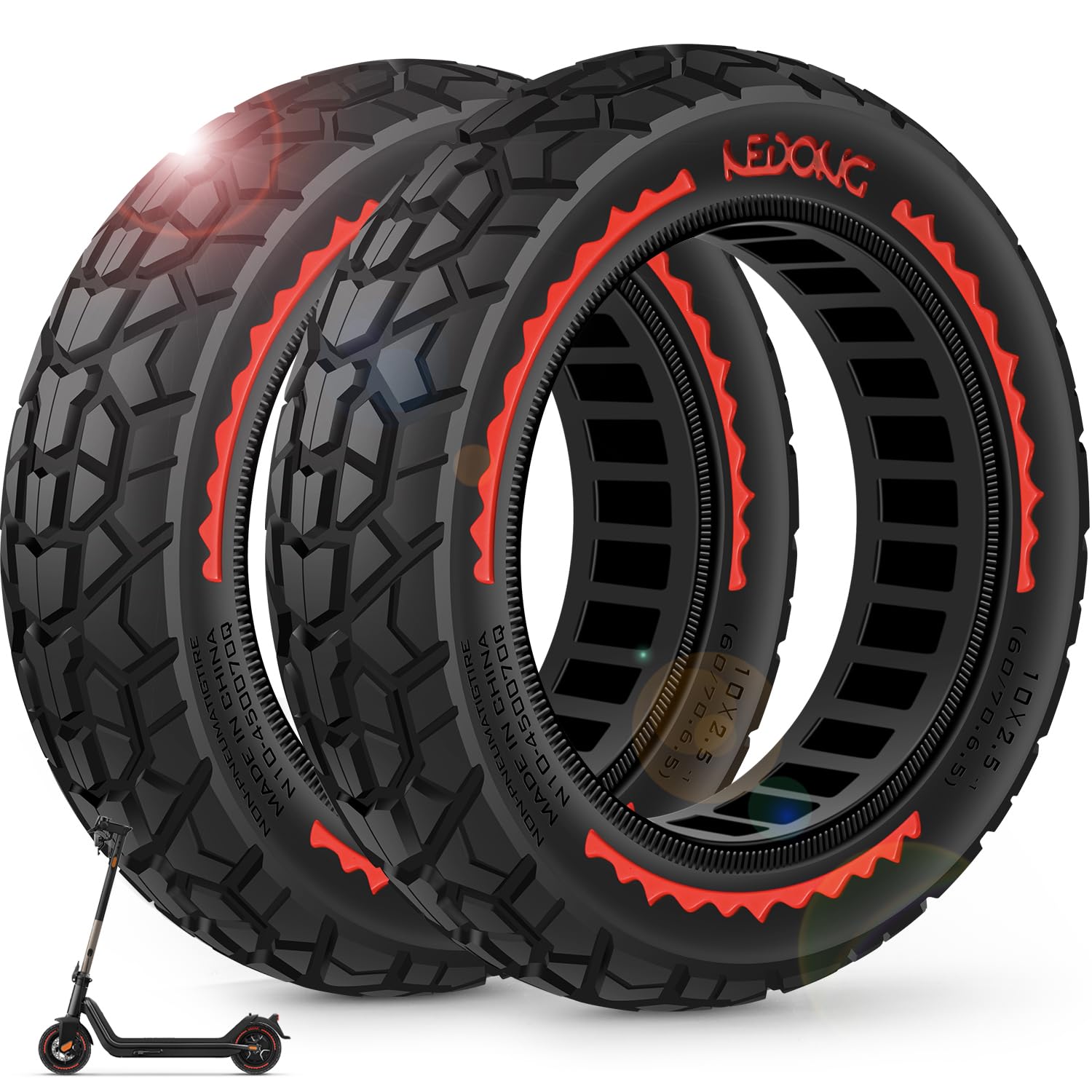 BANGTING 2PCS 10x2.50-6.5 Ruedas Maciza Antipinchazos para Patinete Electrico - 60/70-6.5 Neumático Tubeless, 10x2.50 Fuera de Carretera Llanta Para Ninebot G30 Serie y Xiaomi 5/5 Pro/5 Max (Rojo)