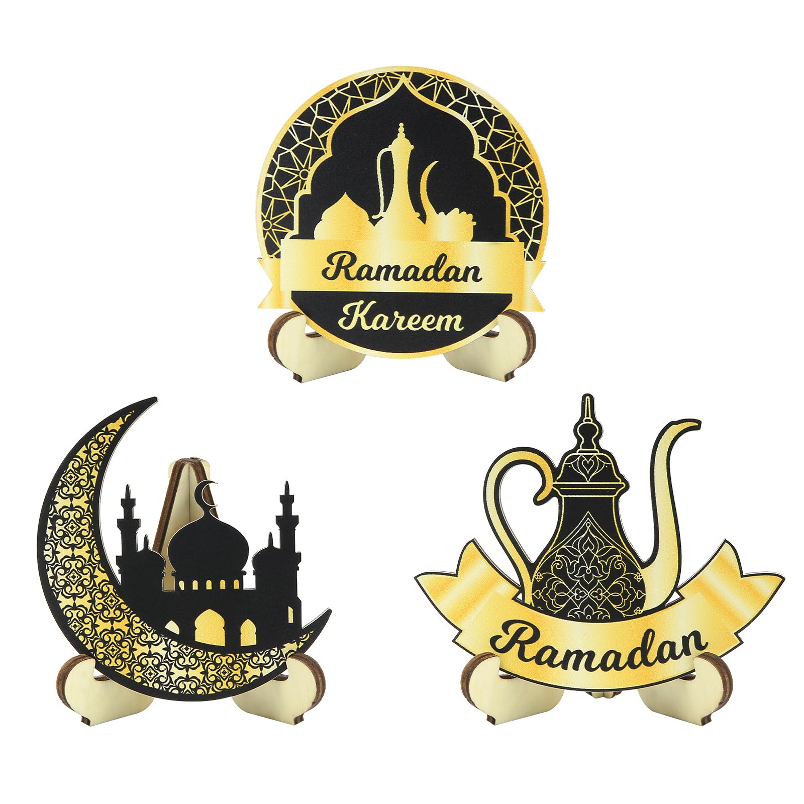 Boerni Ramadan Eid Wooden Table Decorations, Set of 3 Black Gold Desk Ornaments Featuring Crescent Moon, Mosque, and Coffee Pot, Perfect Eid Mubarak Home Décor