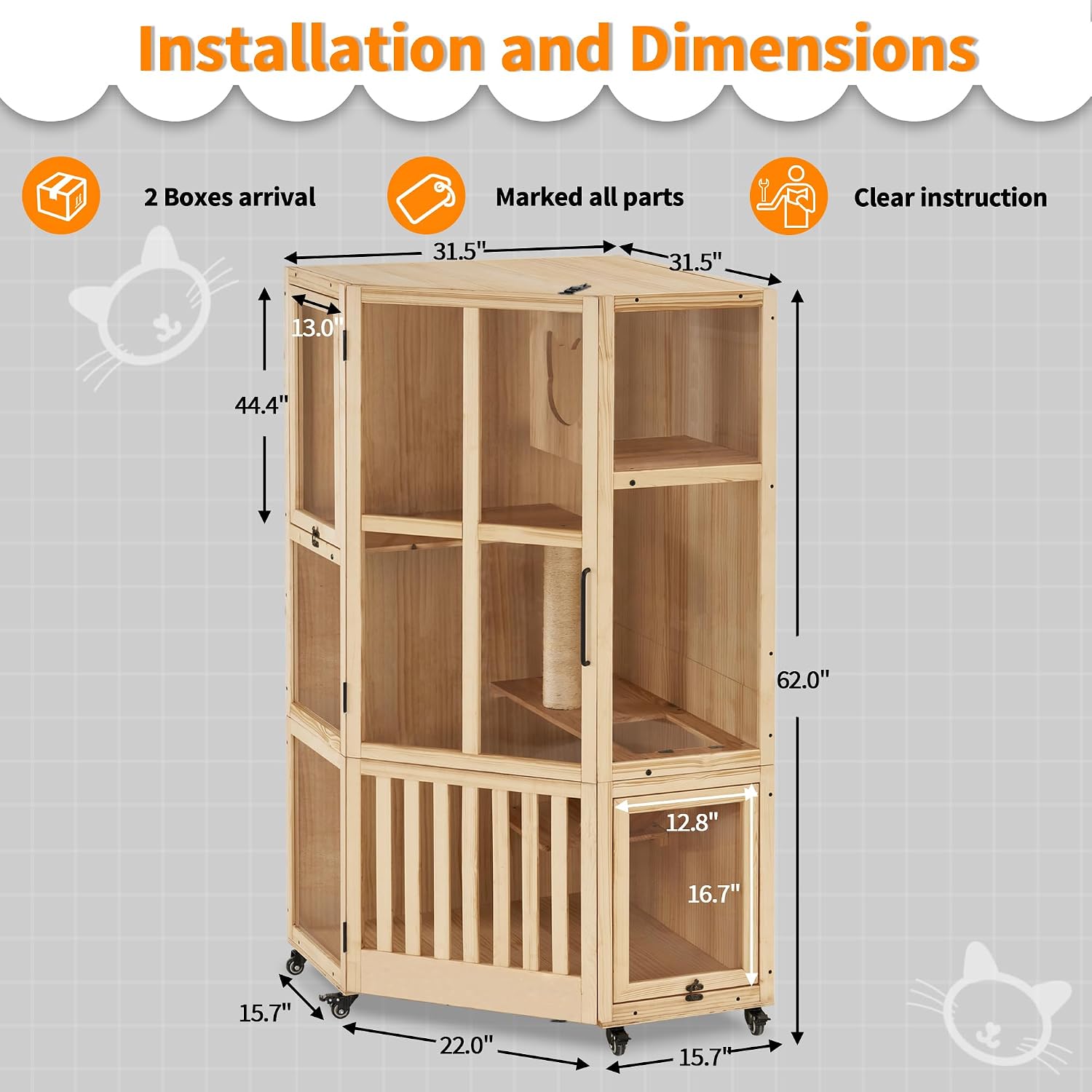 review MCombo Large Corner Cat House Villa, Wooden Indoor Cat Enclosure with Scratching Post, Multi-Feature Enclosed Cat Cages with Escape Doors, Wood Cat Condo with Wheels CT96