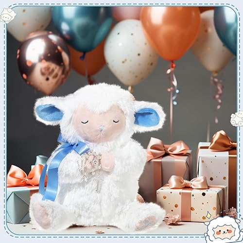 Miniatura 7 de Regalo de bautismo para bebé cristiano de peluche de oración de ovejas de 10 pulgadas con rosario, dedicación para niñas y niños, primera comunión,