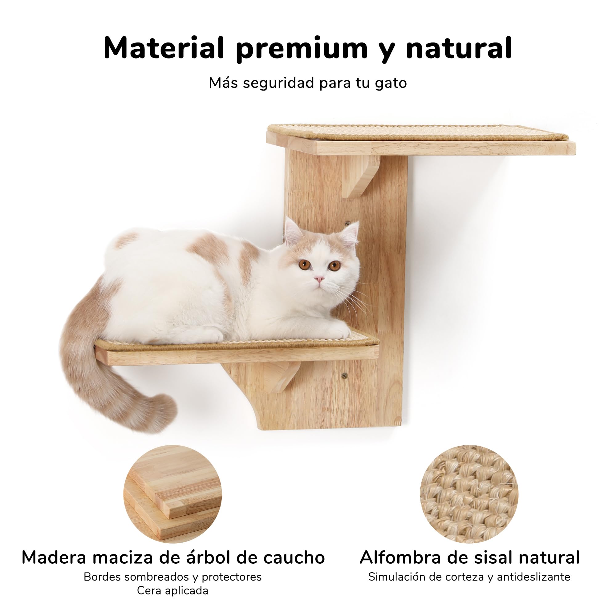 FUKUMARU Mueble de Pared para Gatos con 2 Plataformas, Hecho de Madera de Caucho Sólido, 40,6 cm, Montado en la Pared con Alfombrilla de Sisal, Estantes de Pared para Escalar, Jugar y Rascar
