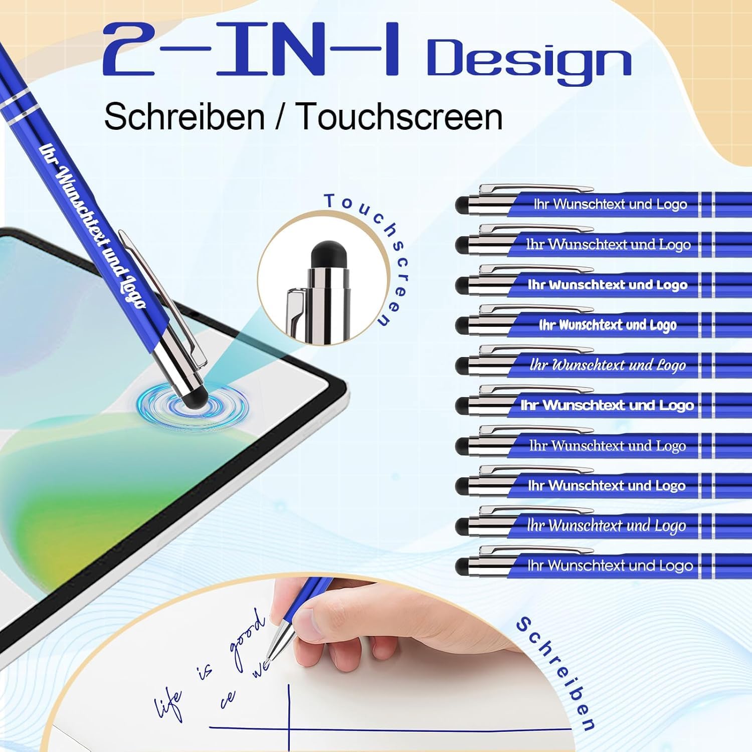 Kugelschreiber personalisieren,personalisierte Kugelschreiber mit Gravur,Werbekugelschreiber mit Logo,Farbmix mit Touchpen,für Unternehmen,Business,Mitarbeiter,10-500 Stück,Blau-A-500
