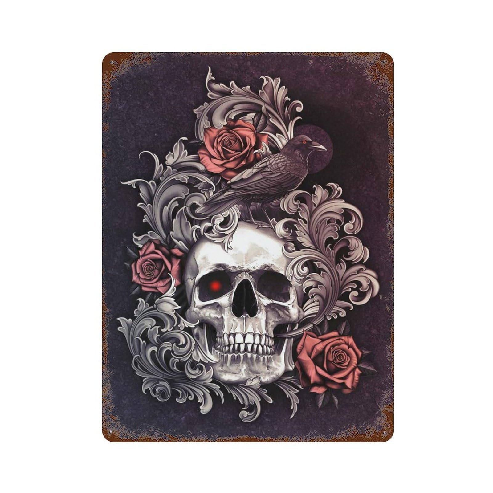 Vintage Rust Metal Sign with Skull with Crow Filigree Design 15.7"x11.8", for Shed, Workshop And Garage Wall Decor, Classic Wall Plaque