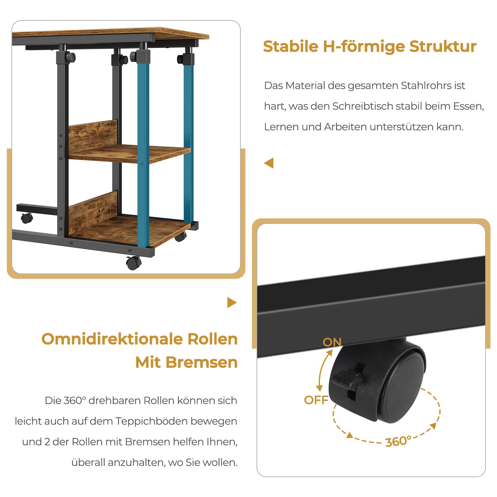 Dripex Mesa Auxiliar con Ruedas para Ordenador portátil, Altura Ajustable, de Madera, para sofá, mesita de Noche, Mesa de café, Dormitorio, salón, Retro