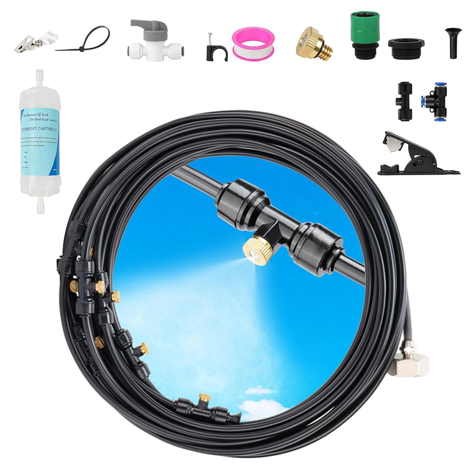 Garden Misting System, 8M/18M Misting Line with 18/25 Nozzles, Outdoor Mist Cooling System with Water Filter, Water Misting System for Garden Umbrellas, Patio, Lawn, Balcony, Gazebo (8M)