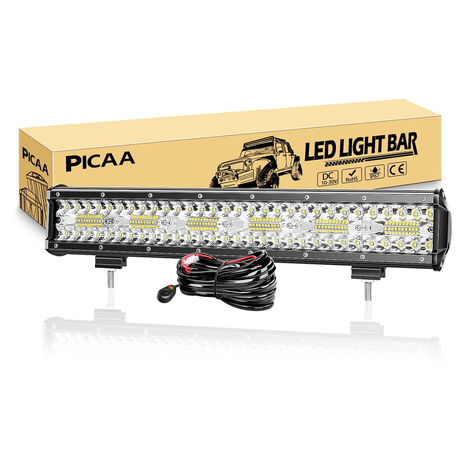 PICAA LED Light Bar 8D Tri-Row 17in 360W Spot Flood combo Beam LED Work Lights Bar Lamp Light for Car Tuck Offroad Driving Lamp SUV UTE 4WD 12V With Wiring Waterproof Driving Work Lamp 6000K