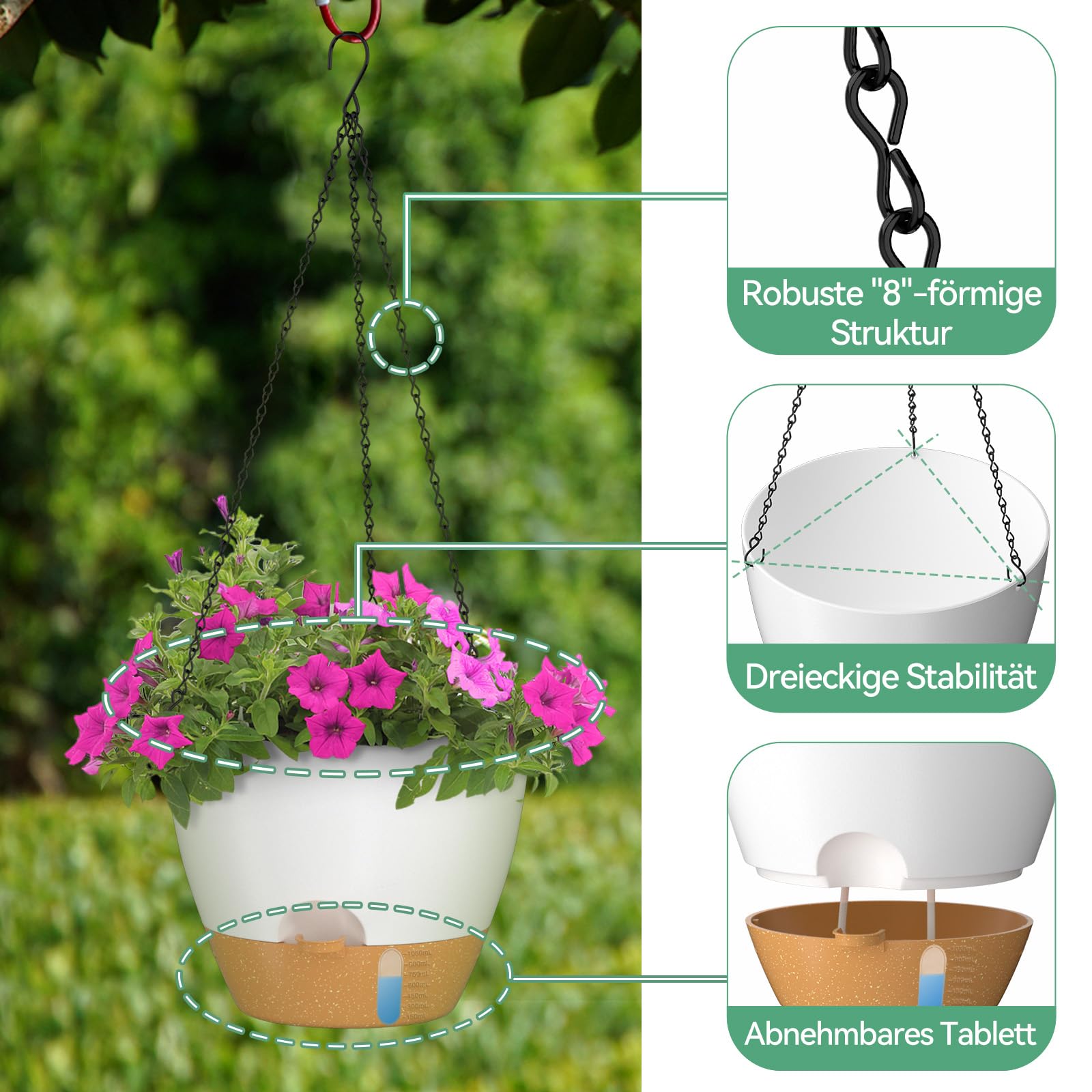 ZMTECH 30 cm Hängetopf für Pflanzen mit Bewässerungslippe Selbstbewässernder Pflanzentopf mit Abflusslöchern und abnehmbarem Untersetzer aus Kunststoff für Innen- und Außenpflanzen (2er-Set, Weiß)