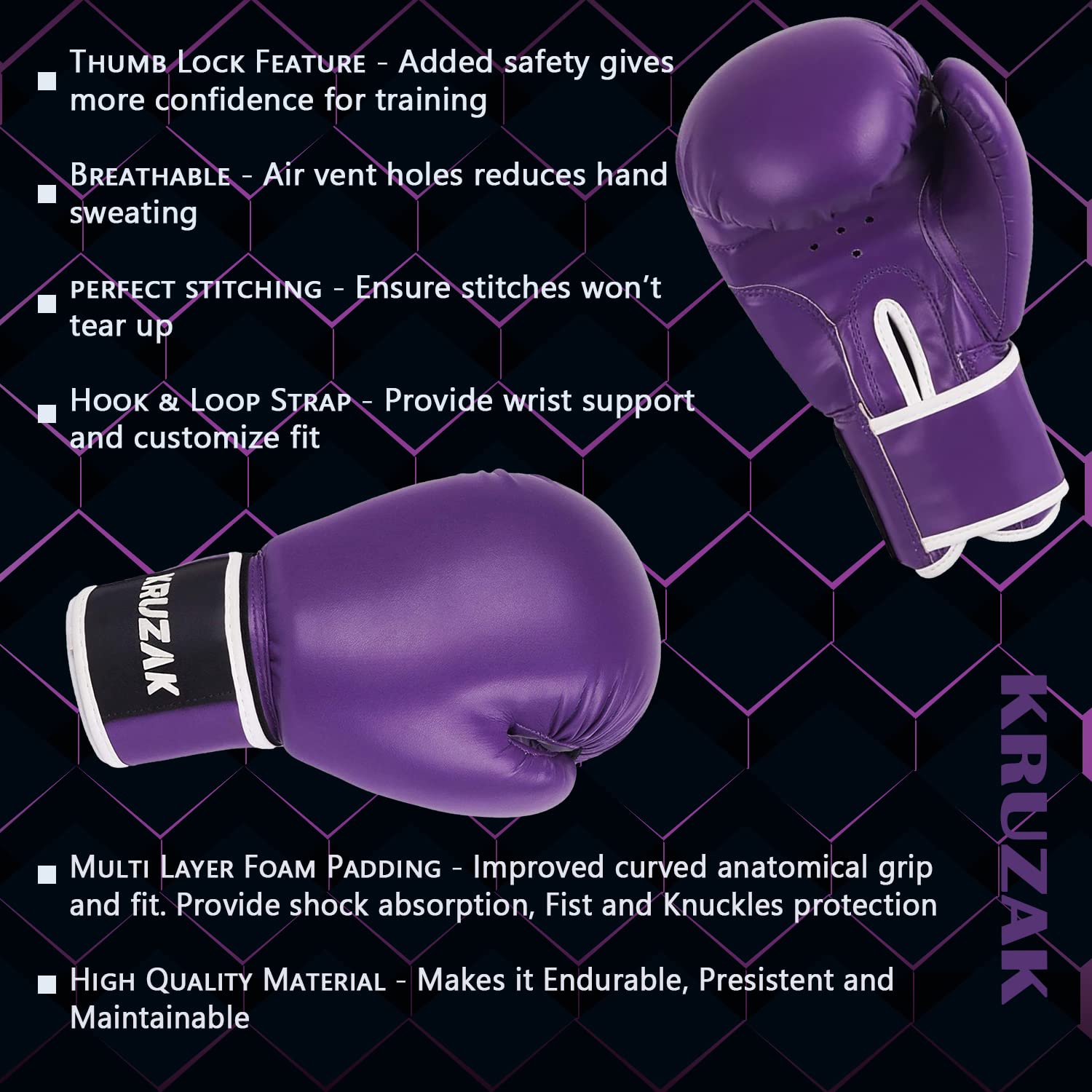 Kruzak Jednokolorowe rękawice bokserskie do sparingów, kickboxingu, muay thai, sztuk walki i walki MMA, dla mężczyzn i kobiet, rękawice treningowe, podkładki do ustawiania ostrości, fioletowe, 473 ml