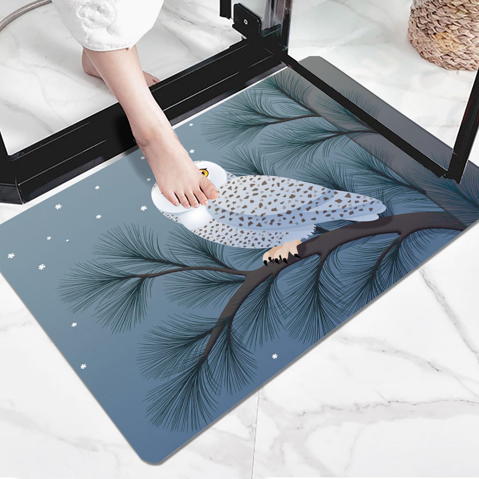 Fußmatte Innen 80x120cm, Schneeeule rutschfeste Fußmatte für den Innenbereich, Einfacher Winter-Cartoon Fußabtreter Türmatte wasserabsorbierende Schmutzfangmatte, Graulich-Weiß