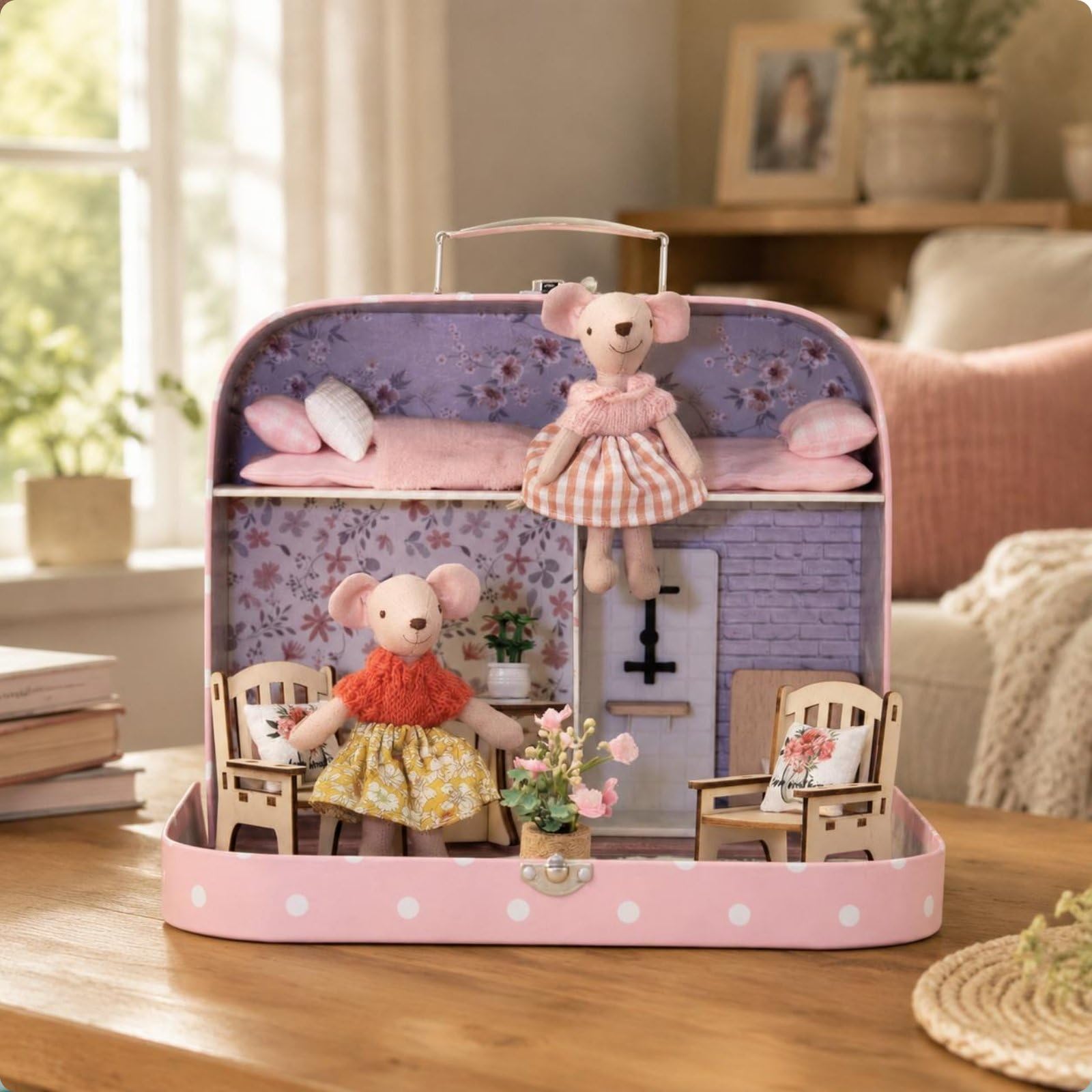 Perfeclan Casa de Muñecas Portátil Maletín Juego Set con Dos Niveles y Escena de Hogar con Flores Incluye Figuras y Muebles Materiales Madera y Tela Adecuada