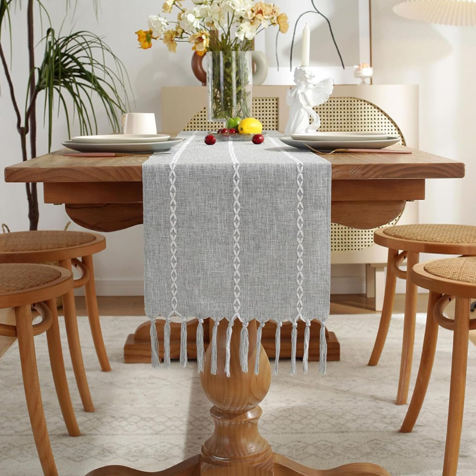 Runner da tavola in cotone e lino con nappe a mano, stile rustico, decorazione per tavolo da cucina, nappa lunga 10 cm, per feste, sala da pranzo, decorazione da tavolo da dessert, adatto per autunno