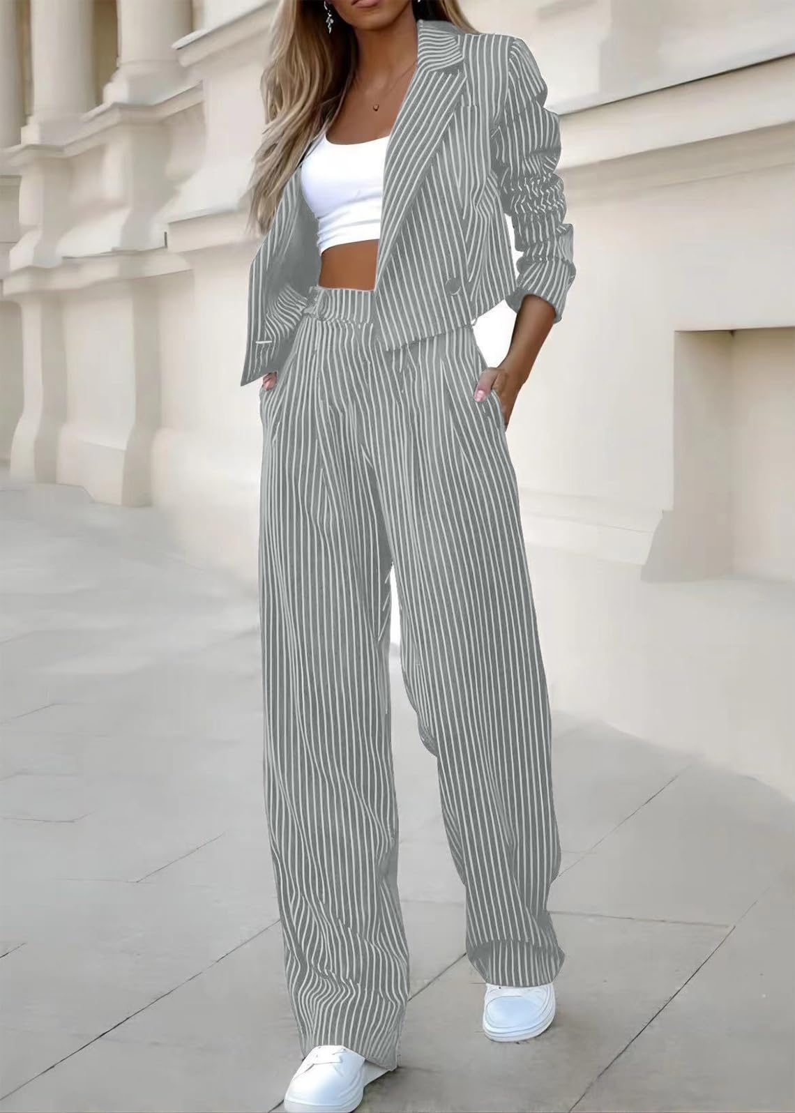 Tailleur Femme Ensemble Pantalon Chic et Élégant 2 Pièces Blazer à Revers et Pantalons Taille Haute Tailleurs Rayures Costume de Formel Bureau Travail OL Décontractée Slim Fit Outfit